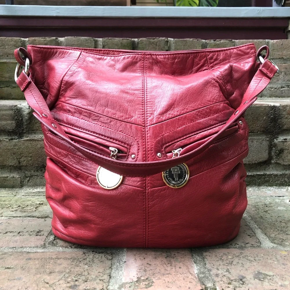 Tignanello Red Leather 20th Anniversary Hobo Bucket Bag